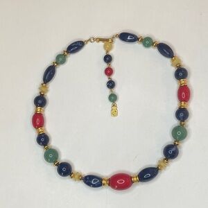 Vintage Liz Claiborne Red, Blue, and Green Beaded w/gold tone Necklace